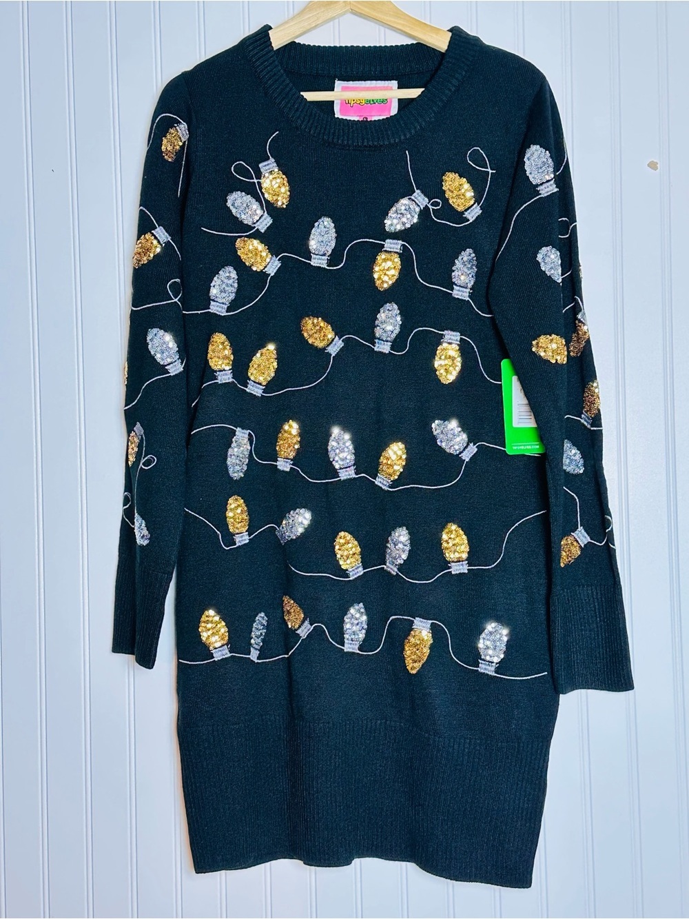Tipsy Elves black Light Strand Sweater Dress sequin holiday lights L Christmas - Picture 7 of 12
